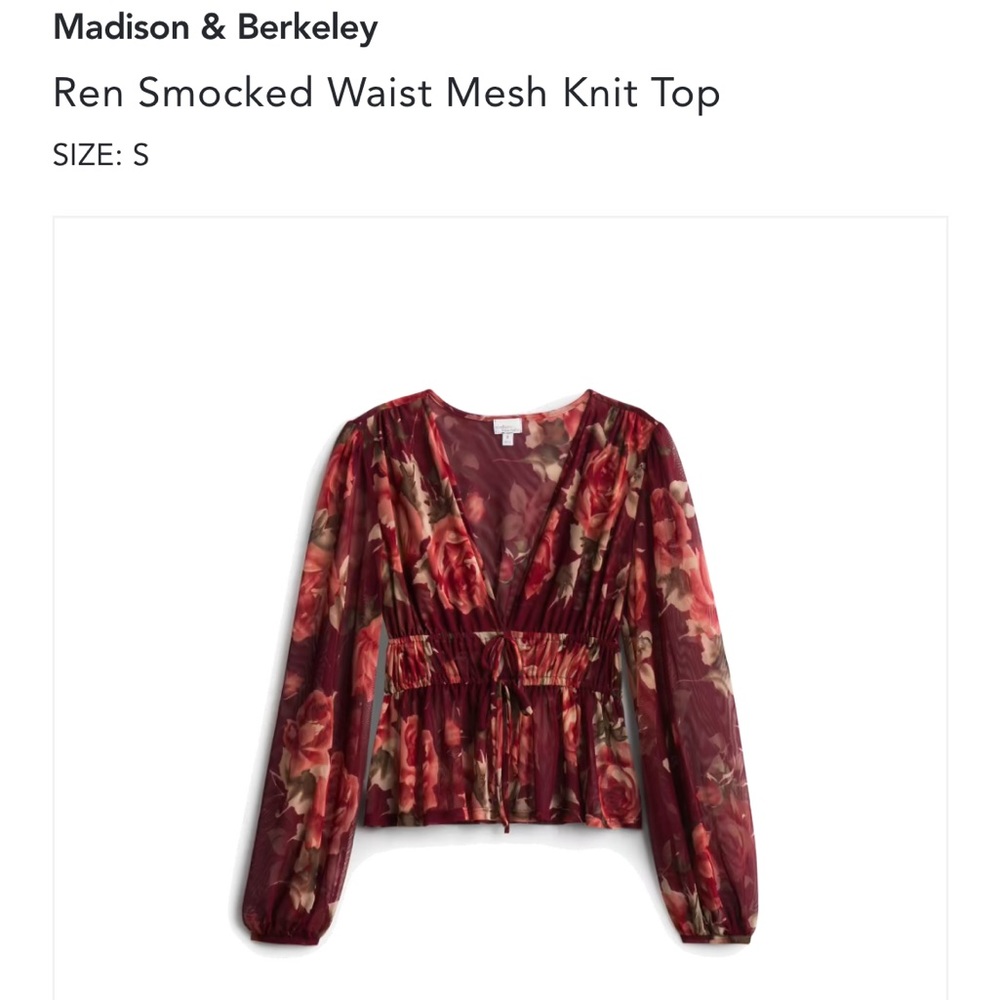 Madison & Berkeley Ren Smocked Waist Mesh Knit Top. Size small. Never worn!